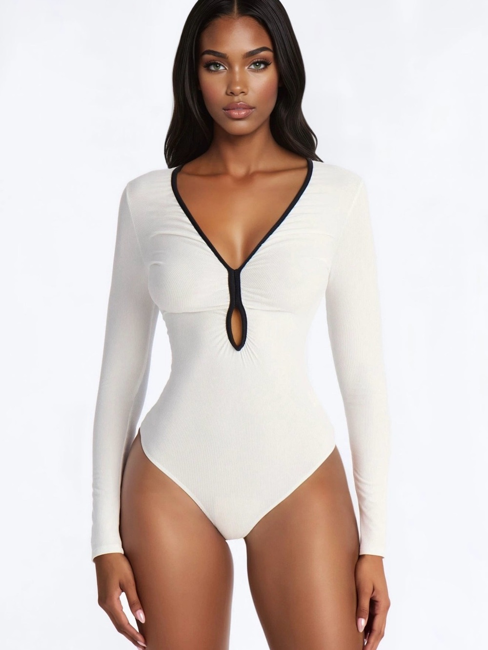 Aelita Keyhole Contrast Trim Ribbed Bodysuit